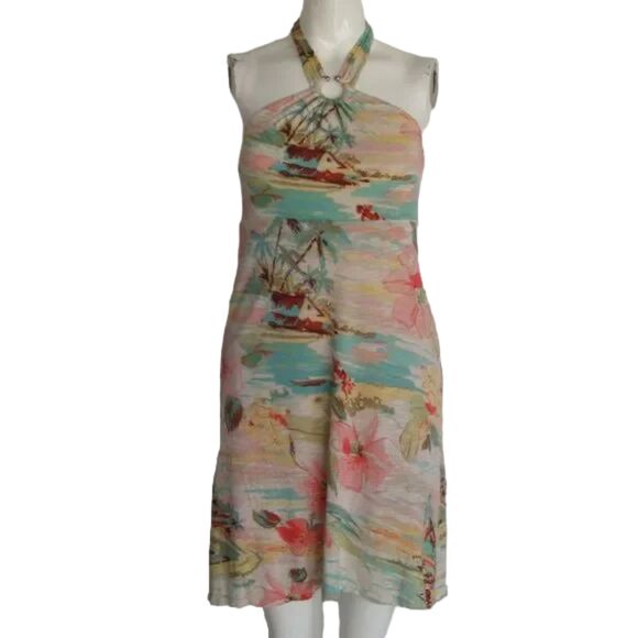 TOMMY BAHAMA Halter Dress, S, Beach/Island Print Hibiscus/Palm Trees, Multicolor - Picture 9 of 12